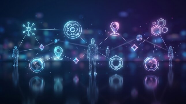 Digital human representation in a virtual data ecosystem with floating geolocations and financial nodes representing global business intelligence and modern technological growth