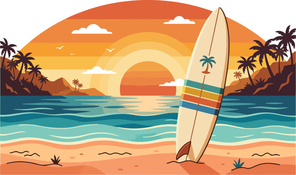 Surfboard standing on a sandy tropical beach during a vibrant sunset