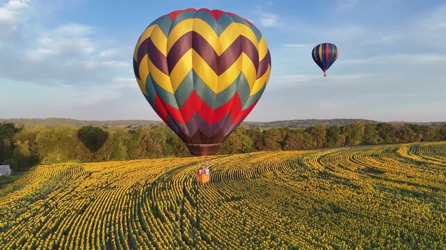 Aerial drone shot of two colorful hot air balloons flying together over a sunflower field in warm early morning light, their baskets and envelopes glowing against the pale sky.