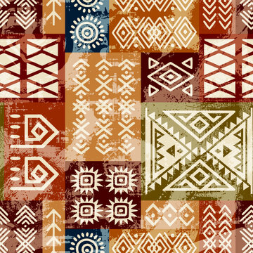 Seamless ethnic pattern, geometric hand-made ornament, patchwork carpet or mosaic, vector print
