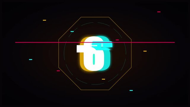 Glitch digital countdown timer with neon chromatic aberration and geometric frames on dark background for futuristic tech or gaming video intros.