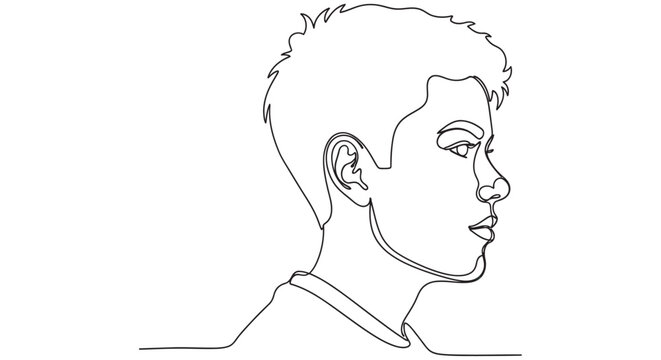 Line drawing depicts a male face in profile minimalist style on a white background