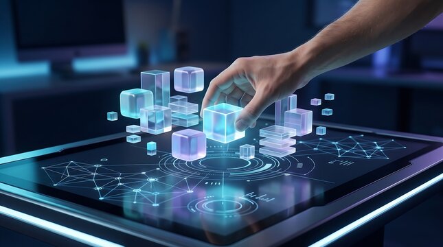 Business professional interacting with glowing digital cube data visualization on advanced futuristic touchscreen table surface in modern corporate office environment for technology analytics
