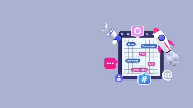 Animated note featuring keywords, social media icons, and a rocket, with copy space for text, representing digital marketing, SEO strategy, online promotion, and business growth.