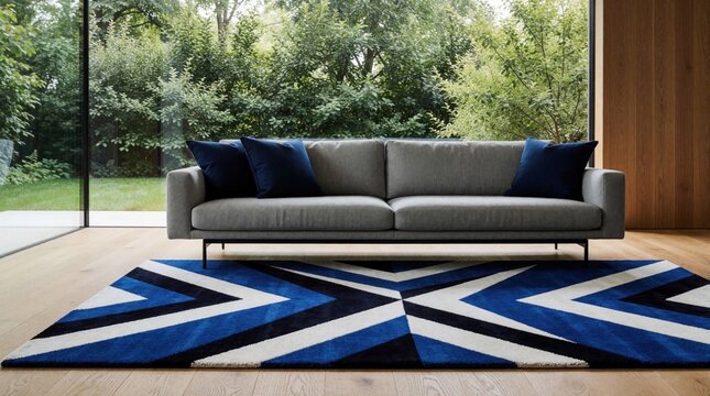 Modern living room features gray sofa with navy blue pillows on cobalt blue, white geometric rug. Large glass window shows green trees outside. Minimalist interior design with natural light, wood