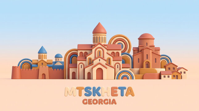 Ancient Mtskheta Georgia Cityscape in Polymer Clay Style