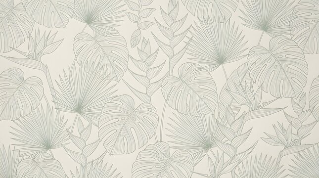 Seamless botanical pattern with tropical leaves in soft pastel tones