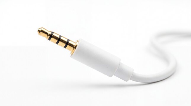 Gold plated audio auxiliary jack connector with white plastic casing resting isolated on white background
