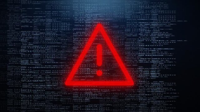 Animation red warning triangle alert over falling source code on dark screen, cyber attack, data breach, ransomware and system failure concept