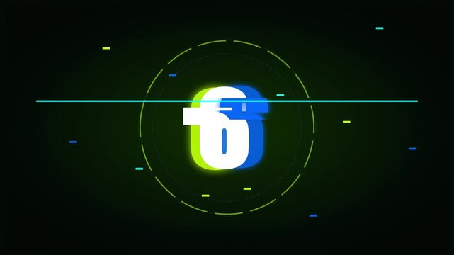 Futuristic digital glitch countdown with neon glowing numbers and technical HUD elements on dark background for tech intros or sci-fi openers.