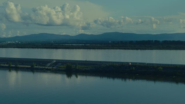 High River Levels in Khabarovsk Russian Far East
Wide natural landscape showing unusually high water along the Amur River and partially submerged areas near its banks.