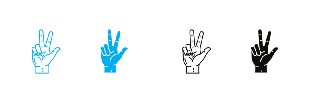 Victory and peace hand gesture icon set showing three raised fingers counting number three isolated on white background for communication graphic design elements .