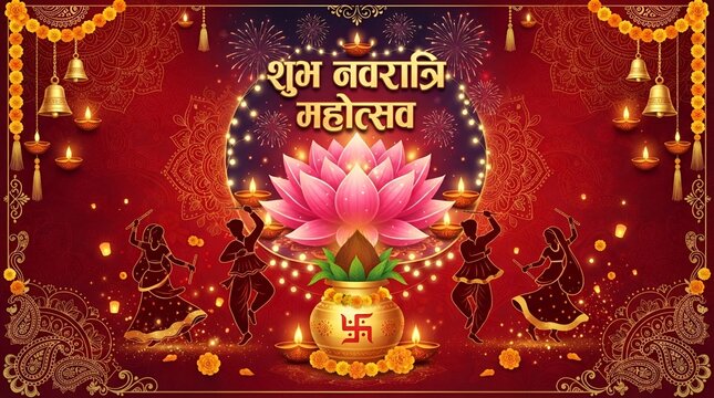 vratri kalash puja background. Happy Navratri mahotsav text with puja kalash