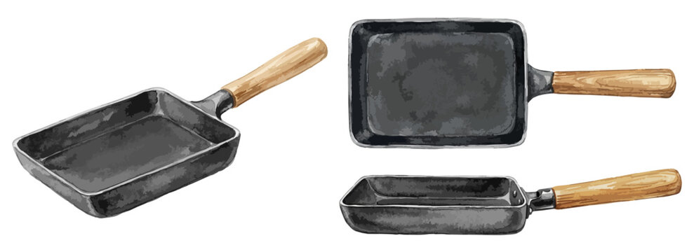 卵焼き器の手描き水彩風イラストセット,玉子焼き器・エッグパン・調理器具・キッチン用品・玉子焼き・フライパン・四角・クッキング・調理パーツ,料理レシピ・お弁当・料理教室・ベクター,透過PNG