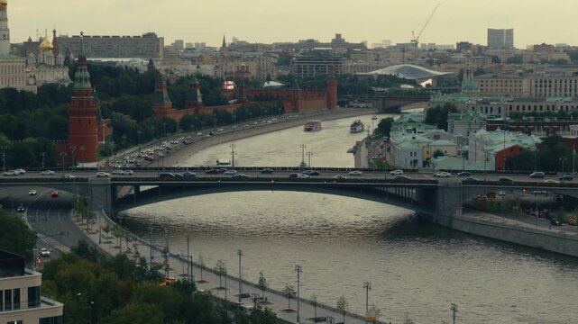 Historic Moscow City Center and Kremlin
Elevated cityscape overlooking central Moscow with Kremlin architecture, river embankments and urban traffic.