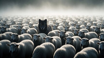 Obraz premium Black wolf hides in middle of large white sheep herd. Lone predator looks out from within flock of animals. Misty morning field creates mystery, tension. Deception concept with dark predator among