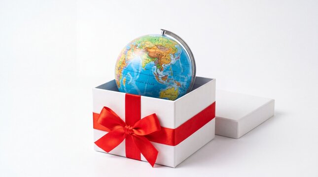 Detailed colorful world globe inside small white gift box with red satin ribbon on white background