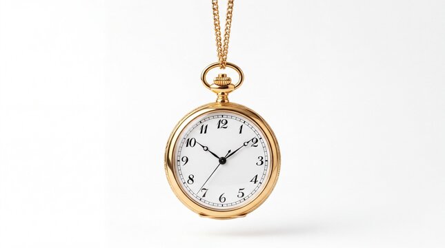 Antique gold pocket watch with intricate metal chain hanging vertically isolated against plain soft on white background