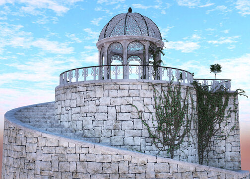 Decorative white domed gazebo with ivy covered stone walls and a spiral staircase set against a soft blue sky. 3D Illustration.