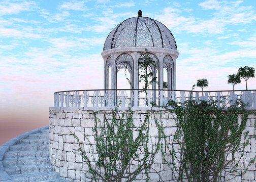 Decorative white domed gazebo with ivy covered stone walls and a spiral staircase set against a soft blue sky. 3D Illustration.