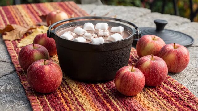 Steaming hot chocolate with marshmallows in a cast iron pot surrounded by fresh red apples on an autumn table runner