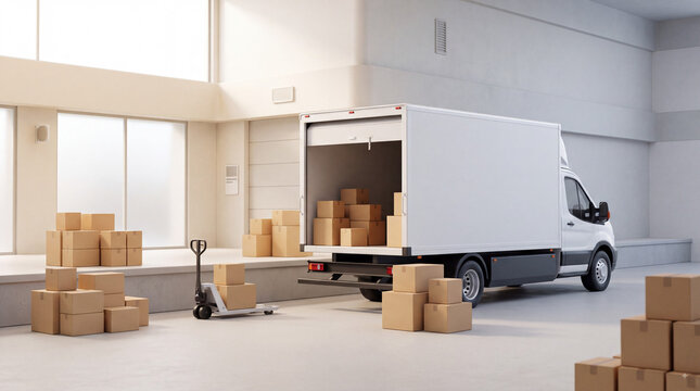 A white delivery truck is parked in a warehouse with its back doors open, surrounded by stacks of cardboard boxes and a hand truck.
