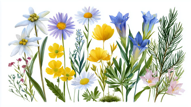 Watercolor illustration of various alpine wildflowers including edelweiss, gentian, and buttercups on a white background.