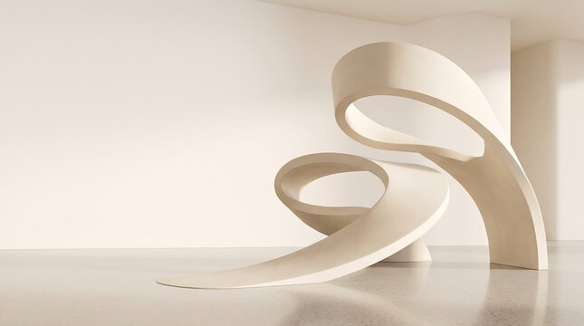 Abstract architectural ribbon sculpture in a minimalist white gallery space