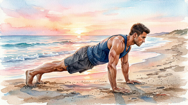 Athletic man doing push-ups on the beach at sunset  