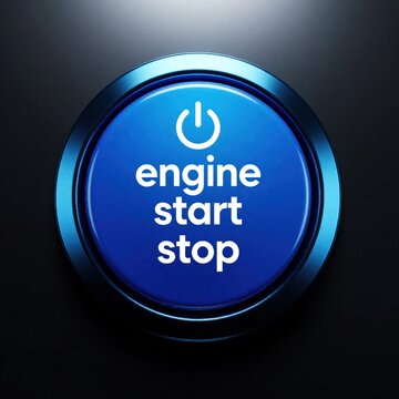 Close up of blue engine start stop button with power symbol. Simple industrial design element for activation or deactivation control on a dark background. Easy to use.