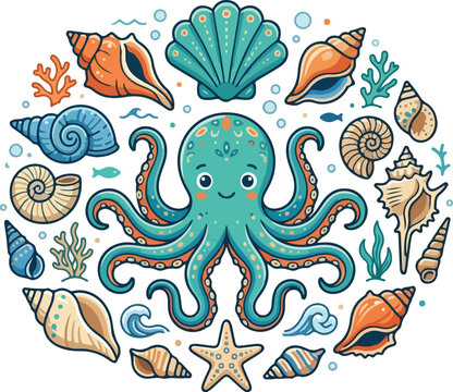 Cute octopus surrounded by seashell collection and marine life in circular arrangement