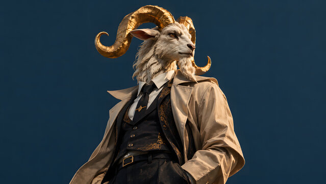 Anthropomorphic Goat Creature with Golden Horns Wearing Human Clothes &ndash; Fantasy Character Wallpaper