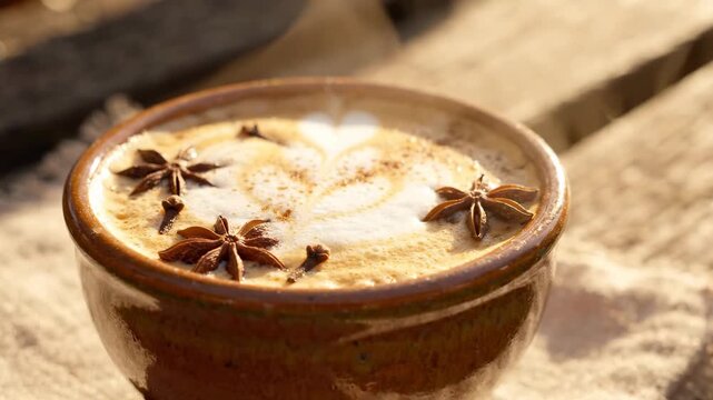 Fresh hot cappuccino in a ceramic cup with star anise and clove spices, steaming morning coffee with latte art on wooden table, breakfast mood and warmth