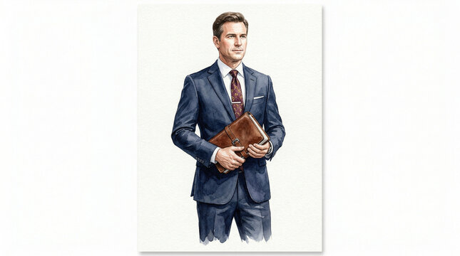 Young man in a business suit holding a portfolio in an office setting  