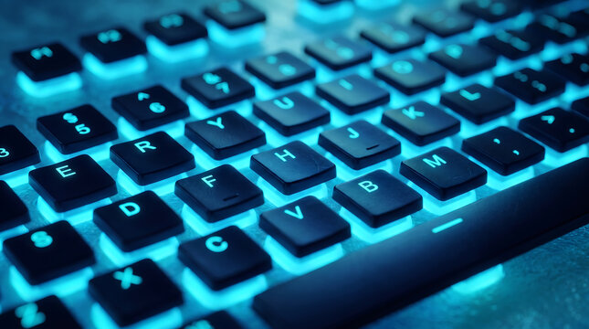 Computer keyboard with glowing blue backlight keys backlit keyboard blue light gaming keyboard computer hardware dark background typing speed laptop accessory data input office equipment