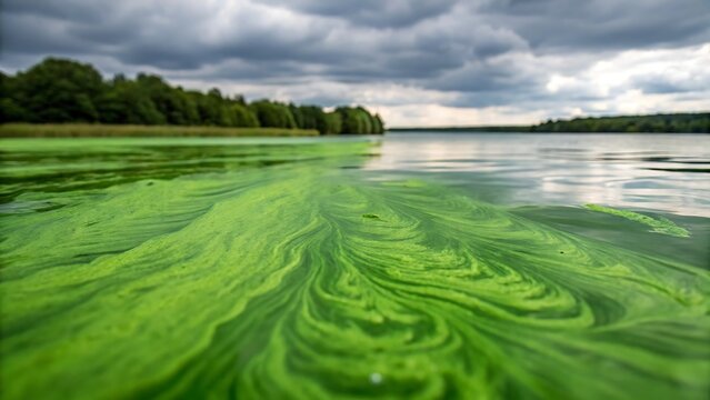 Green algae bloom covering the surface of a tranquil lake with overcast stormy sky creating eco disaster