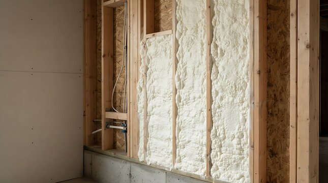 Spray foam insulation fills the wooden wall studs of a new residential construction project providing thermal efficiency and structural integrity