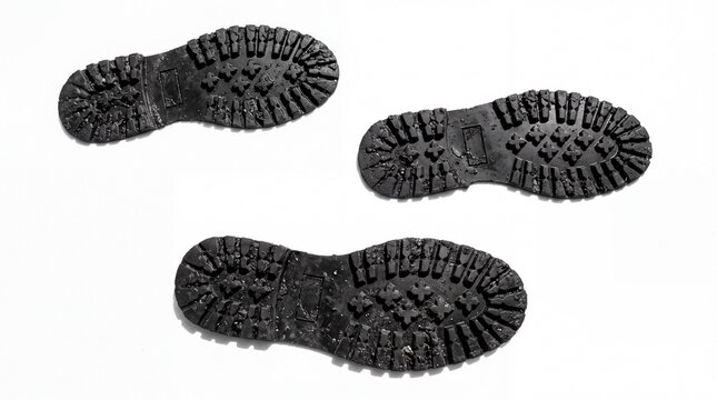 Three dirty black rubber boot soles arranged in artistic pattern isolated on white background