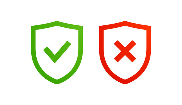 Shield icons with check mark and cross vector illustration