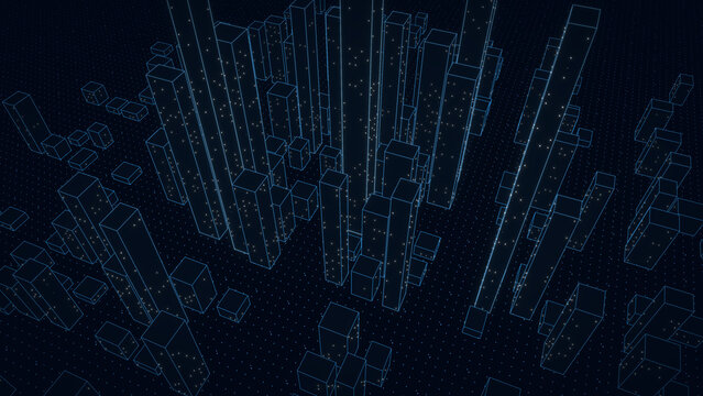Modern hologram city controlled by smart artificial intelligence, blue wireframe towers seen from above, futuristic smart city technology concept