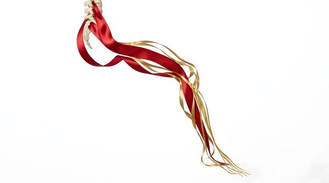 Christmas Human Body Part Anatomical model of human lumbar spine with red and gold silk ribbons representing sciatic nerve branching, isolated on white background