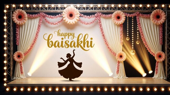 Stage decorated for Happy Baisakhi with festive lights, curtains, and flowers. A silhouette of a dancer performs joyfully, celebrating spring harvest in traditional Indian culture.