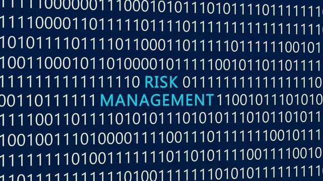 Risk management text or word with digital binary animation background, designed for an illustrative digital world technology concept representing cybersecurity assessment, threat analysis, and data pr
