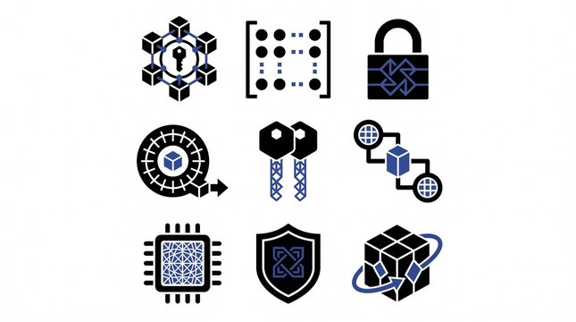 Blockchain technology icon set, flat vector cybersecurity symbols, black and blue digital encryption graphics, isolated on white background for fintech web design