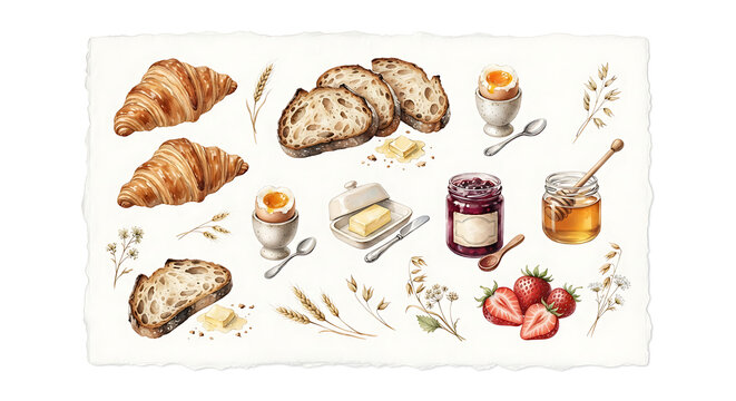 Watercolor breakfast food set with croissants, bread, jam, honey and fresh strawberries
