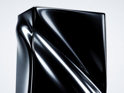 Glossy black surface twists with light reflections. Sleek metal abstract forms, modern background with texture. Futuristic design reflects bright light, luxurious or industrial.