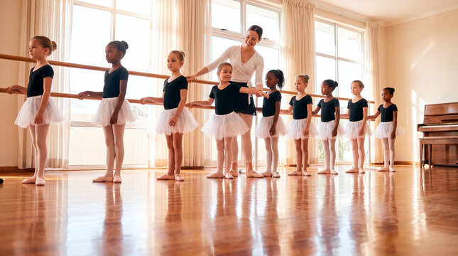 Young ballet students practice at the barre with their instructor in a bright studio