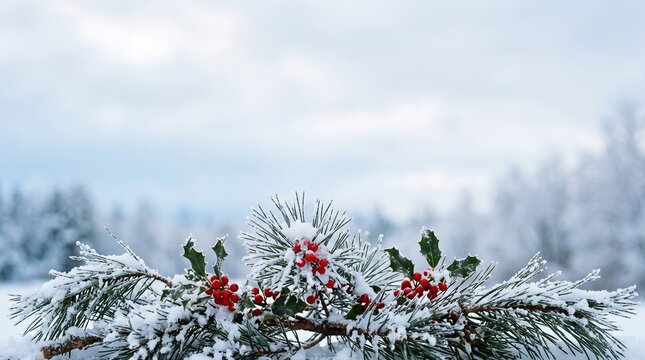 Snow covered pine branches with red holly berries against winter sky background