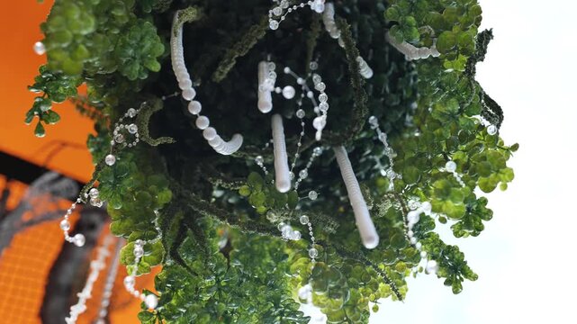 Green foliage decorated with sparkling crystal beads and abstract white ornaments