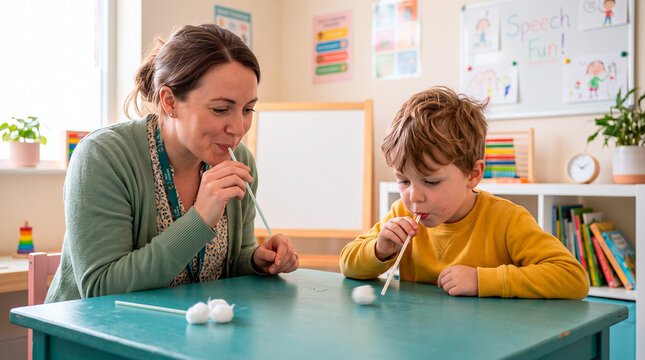 Teacher and child practice speech therapy using straws to move cotton balls